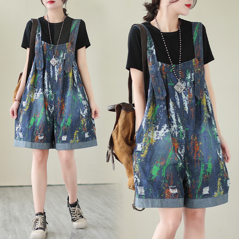 #MoteruStyle! Retro Fashion Oversized Printed Denim Suspenders Loose Thin Section Jumpsuit Shorts Denim Strap Pants