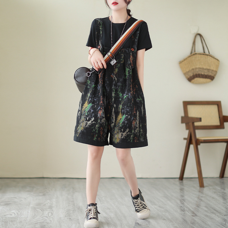 #MoteruStyle! Retro Fashion Oversized Printed Denim Suspenders Loose Thin Section Jumpsuit Shorts Denim Strap Pants - 画像 (5)