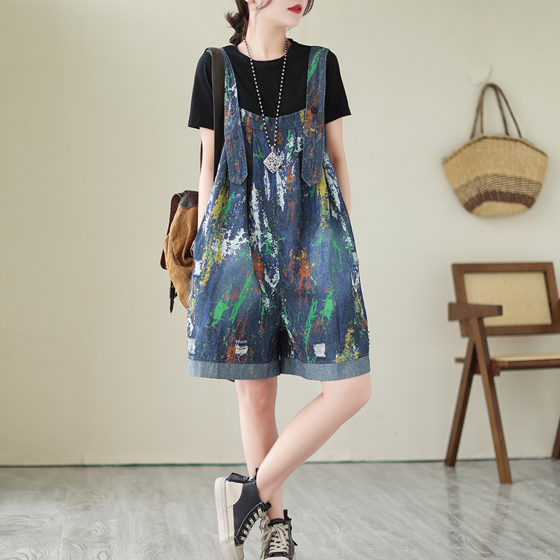 #MoteruStyle! Retro Fashion Oversized Printed Denim Suspenders Loose Thin Section Jumpsuit Shorts Denim Strap Pants - 画像 (4)