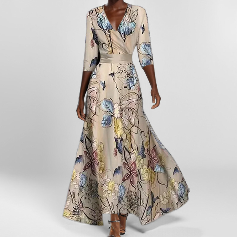 #MoteruStyle! Elegant Temperament Wrap Seven Sleeve V-neck Slim Tight Waist Floral Print Fitted 3/4 Sleeve Waist-Tied A-Line Maxi Vintage Dress - 画像 (10)