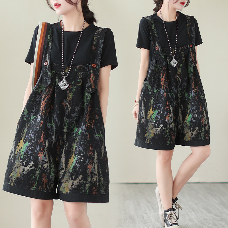 #MoteruStyle! Retro Fashion Oversized Printed Denim Suspenders Loose Thin Section Jumpsuit Shorts Denim Strap Pants - 画像 (3)