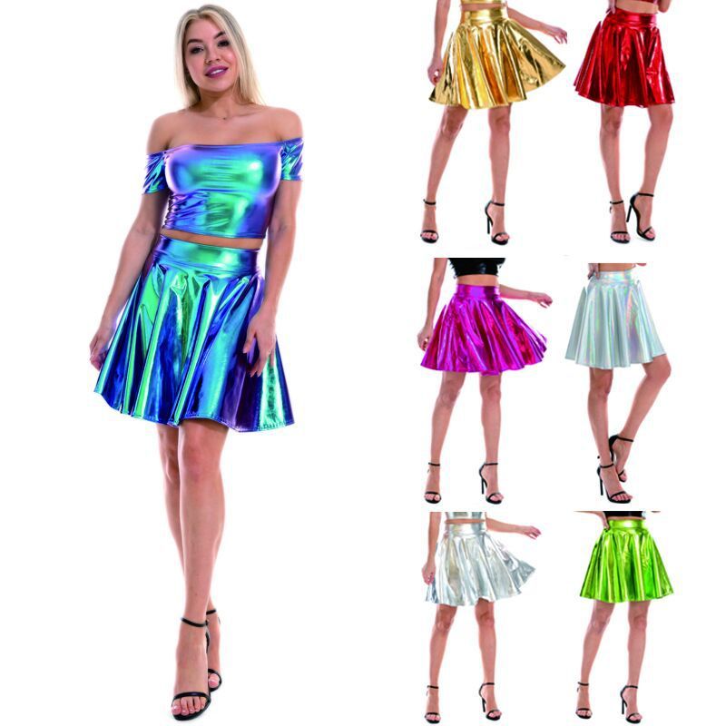 #MoteruStyle!Sexy High Waist Mini PU Leather hiphop Skirt Night Club Evening Party Dance Shiny Skirt,Stage Performance Pleated Skirt、Girly Holographic Rave Outfit、