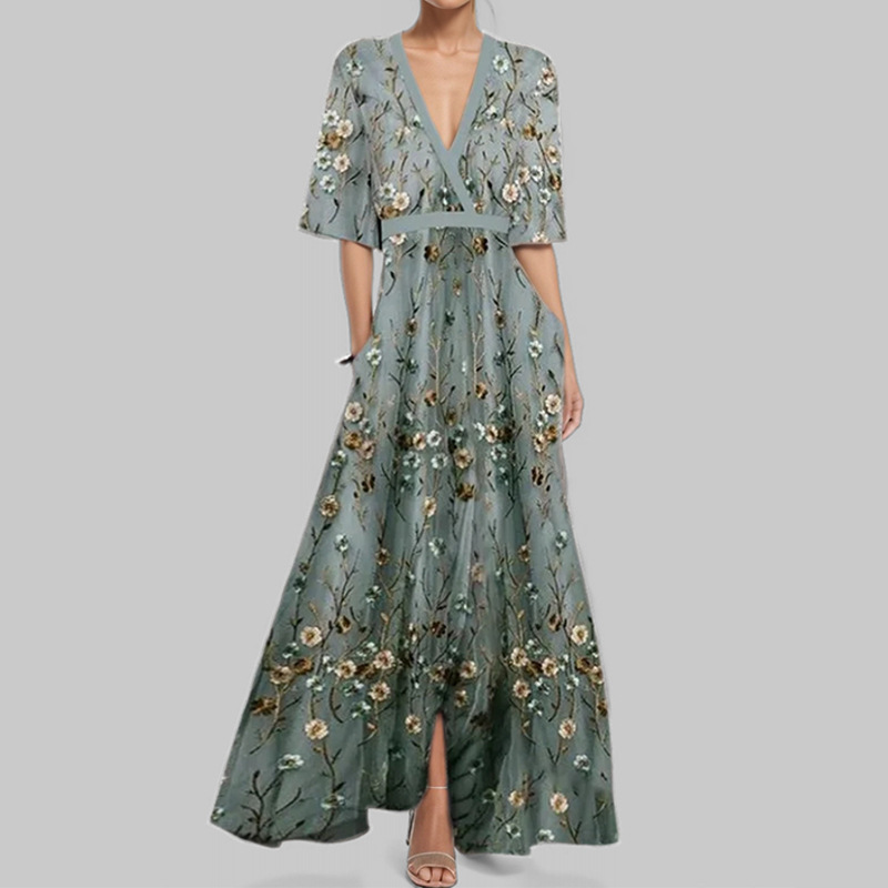 #MoteruStyle! Elegant Temperament Wrap Seven Sleeve V-neck Slim Tight Waist Floral Print Fitted 3/4 Sleeve Waist-Tied A-Line Maxi Vintage Dress - 画像 (5)