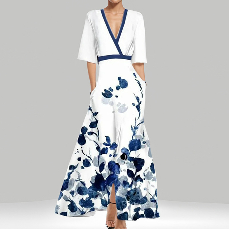 #MoteruStyle! Elegant Temperament Wrap Seven Sleeve V-neck Slim Tight Waist Floral Print Fitted 3/4 Sleeve Waist-Tied A-Line Maxi Vintage Dress - 画像 (8)