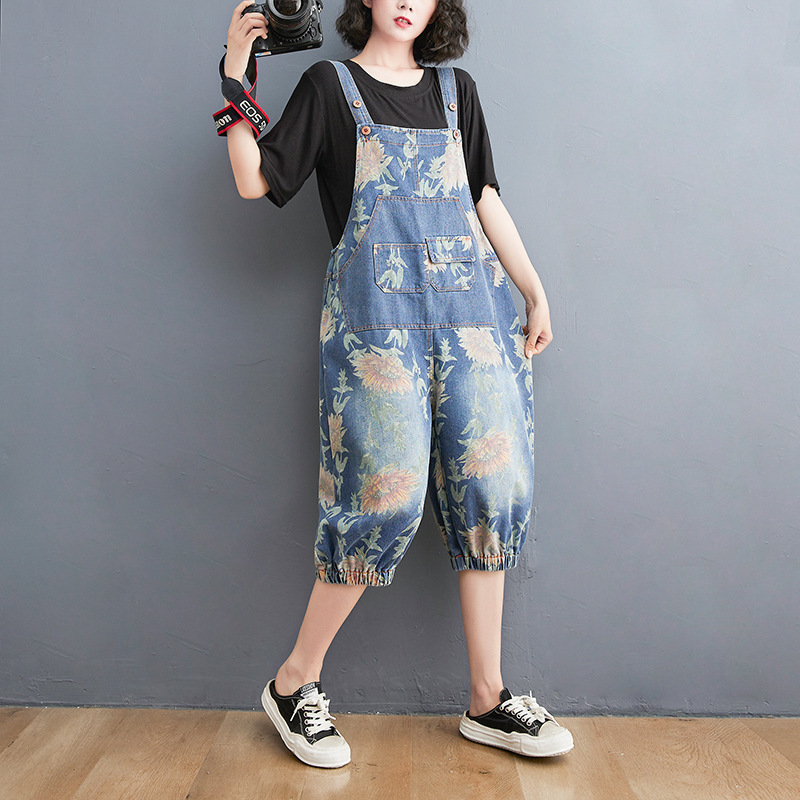 #MoteruStyle! Vintage Streetwear Printed Denim Strap Pants Overalls All-in-One Overalls, Loose Fit, Wide Leg Body Cover, Pattern, 3/4 Length, Casual Jeans jumpsuit - 画像 (4)