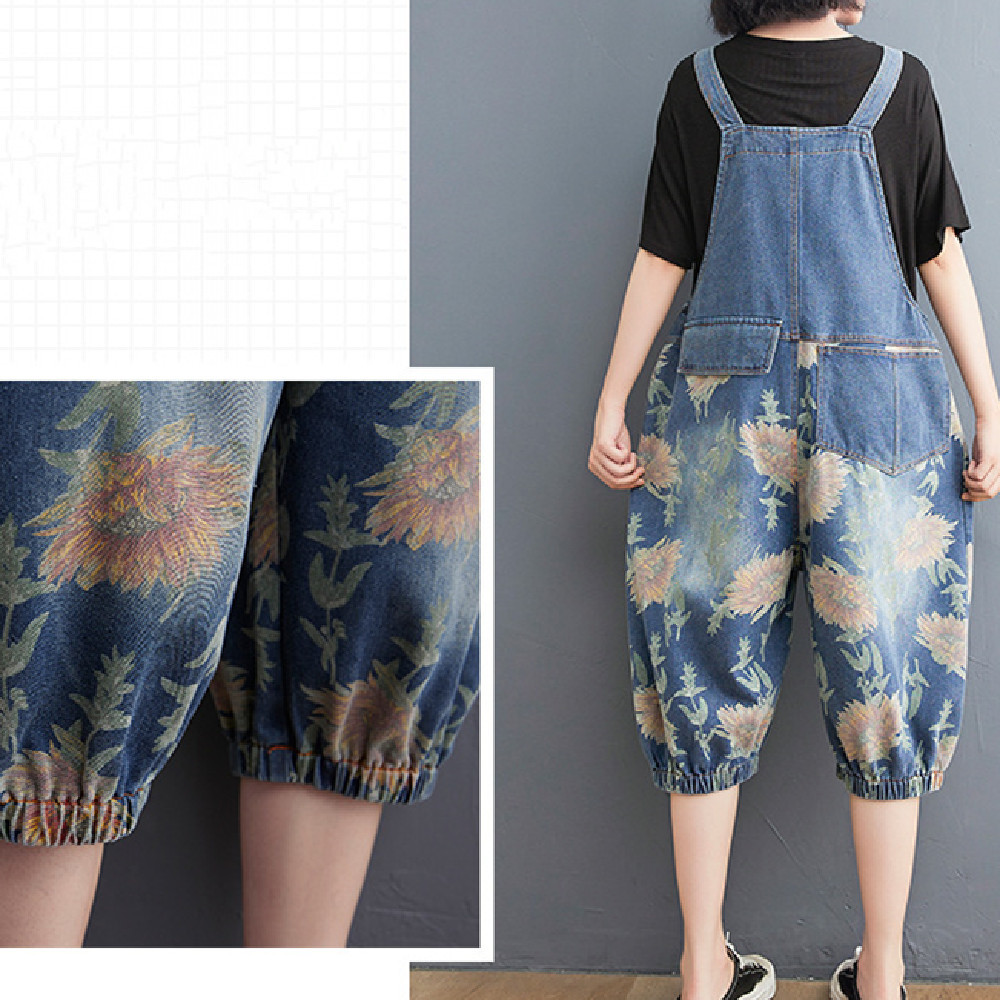 #MoteruStyle! Vintage Streetwear Printed Denim Strap Pants Overalls All-in-One Overalls, Loose Fit, Wide Leg Body Cover, Pattern, 3/4 Length, Casual Jeans jumpsuit - 画像 (3)