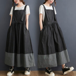 ＃MoteruStyle！Retro Denim Color Blocking Waist Strap Swing Skirt, Maxi dress, Denim Dress, Camisole, Drawstring Strap, Vintage Denim, Vestidos Long Dress Pleated Black With Sashes, Salopette Dress, Overalls Dress