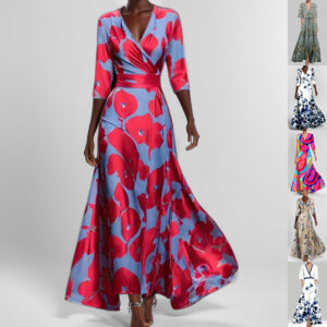 #MoteruStyle! Elegant Temperament Wrap Seven Sleeve V-neck Slim Tight Waist Floral Print Fitted 3/4 Sleeve Waist-Tied A-Line Maxi Vintage Dress