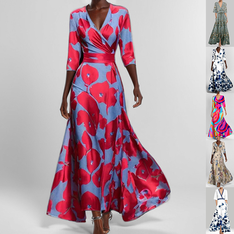 #MoteruStyle! Elegant Temperament Wrap Seven Sleeve V-neck Slim Tight Waist Floral Print Fitted 3/4 Sleeve Waist-Tied A-Line Maxi Vintage Dress