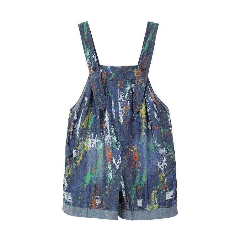 #MoteruStyle! Retro Fashion Oversized Printed Denim Suspenders Loose Thin Section Jumpsuit Shorts Denim Strap Pants - 画像 (2)
