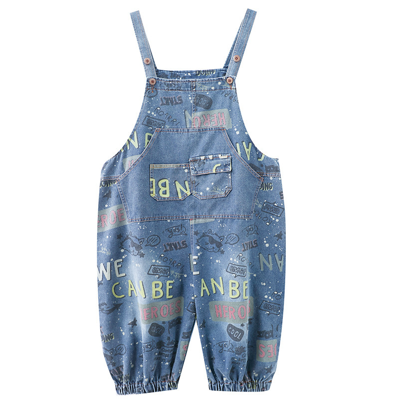 #MoteruStyle! Vintage Streetwear Printed Denim Strap Pants Overalls All-in-One Overalls, Loose Fit, Wide Leg Body Cover, Pattern, 3/4 Length, Casual Jeans jumpsuit - 画像 (2)