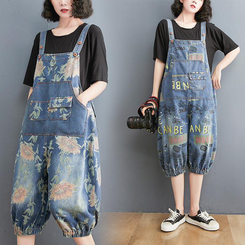 #MoteruStyle! Vintage Streetwear Printed Denim Strap Pants Overalls All-in-One Overalls, Loose Fit, Wide Leg Body Cover, Pattern, 3/4 Length, Casual Jeans jumpsuit