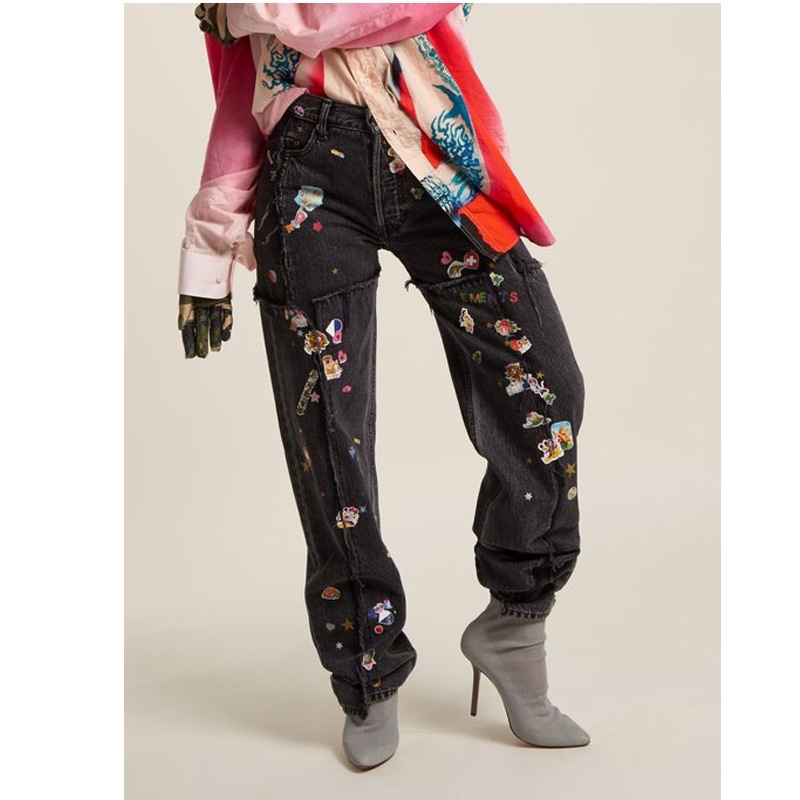 #MoteruStyle! Lisa Same Black Heavy Industry Small Graffiti Hot Stamping Straight Jeans Pants Black Baggy Floral Embroidery Retro Gothic Casual Harajuku Streetwear - 画像 (6)