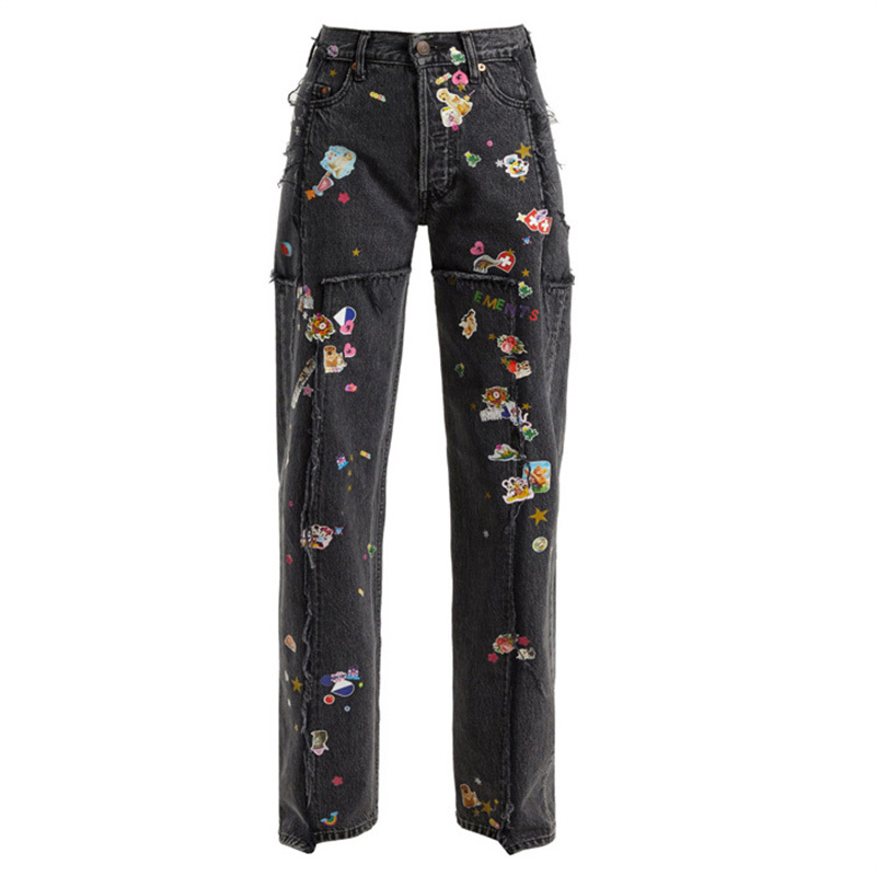 #MoteruStyle! Lisa Same Black Heavy Industry Small Graffiti Hot Stamping Straight Jeans Pants Black Baggy Floral Embroidery Retro Gothic Casual Harajuku Streetwear - 画像 (5)