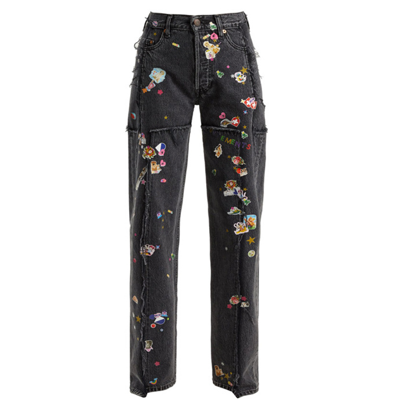 #MoteruStyle! Lisa Same Black Heavy Industry Small Graffiti Hot Stamping Straight Jeans Pants Black Baggy Floral Embroidery Retro Gothic Casual Harajuku Streetwear - 画像 (3)