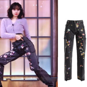 #MoteruStyle! Lisa Same Black Heavy Industry Small Graffiti Hot Stamping Straight Jeans Pants Black Baggy Floral Embroidery Retro Gothic Casual Harajuku Streetwear