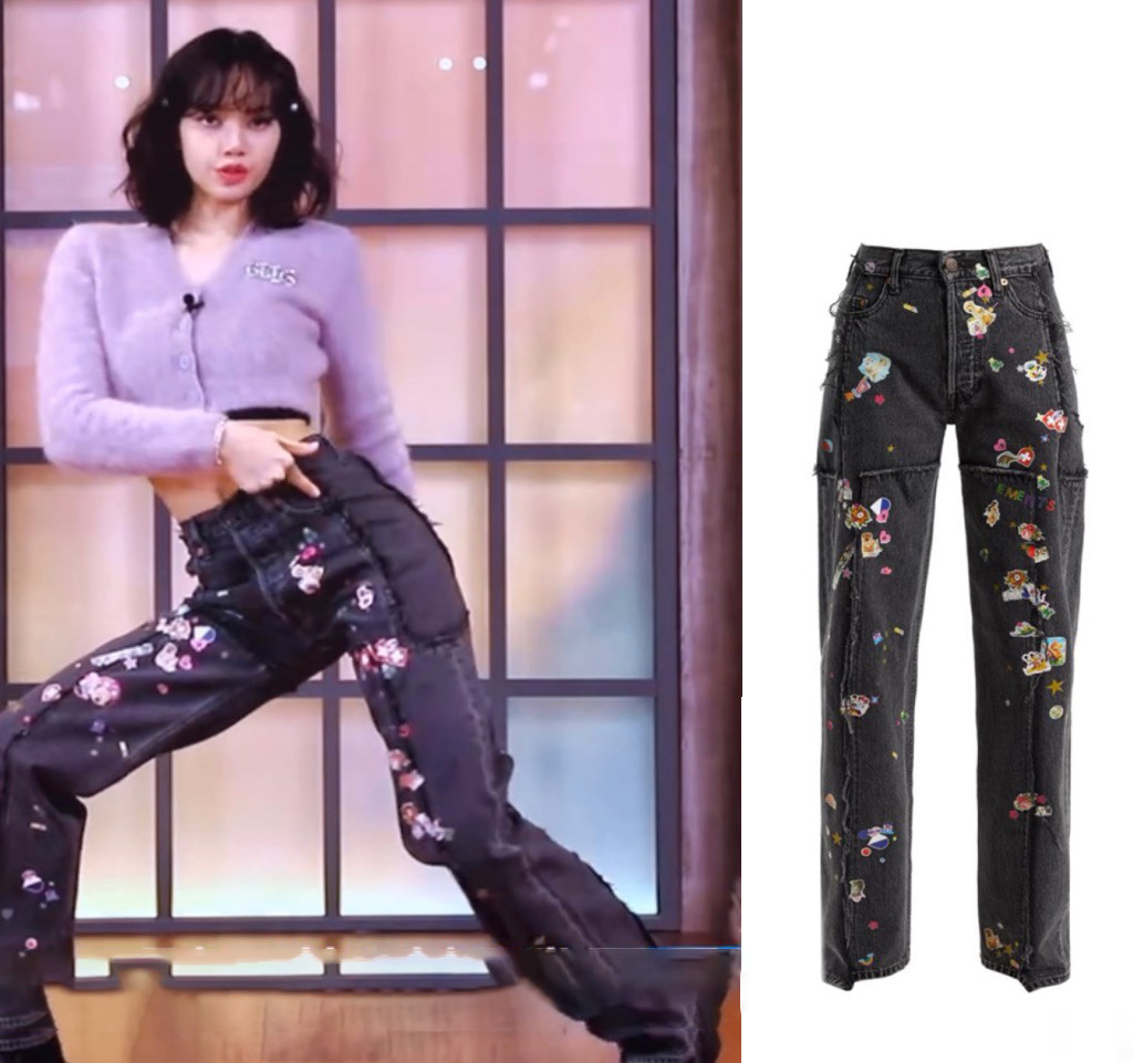#MoteruStyle! Lisa Same Black Heavy Industry Small Graffiti Hot Stamping Straight Jeans Pants Black Baggy Floral Embroidery Retro Gothic Casual Harajuku Streetwear