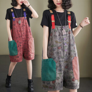 #MoteruStyle! One Piece Straight Printed Strap Pants Denim Shorts High Waisted Wide Leg Large Size Stretchy Comfort Youthful Denim Playsuits Vintage Suspender Shorts Plus Size Pockets Cozy Slim Cargo Overalls