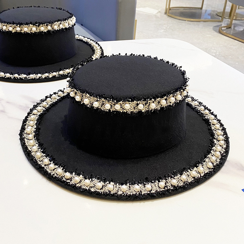 #MoteruStyle! Woolen Hat Flat Pearl Top Hat Bucket Hat Fedora Hat With Big Pearl Wide Brim Church Panama Jazz Cap British style big-edge wild temperament pearl top hat fisherman hat - 画像 (5)