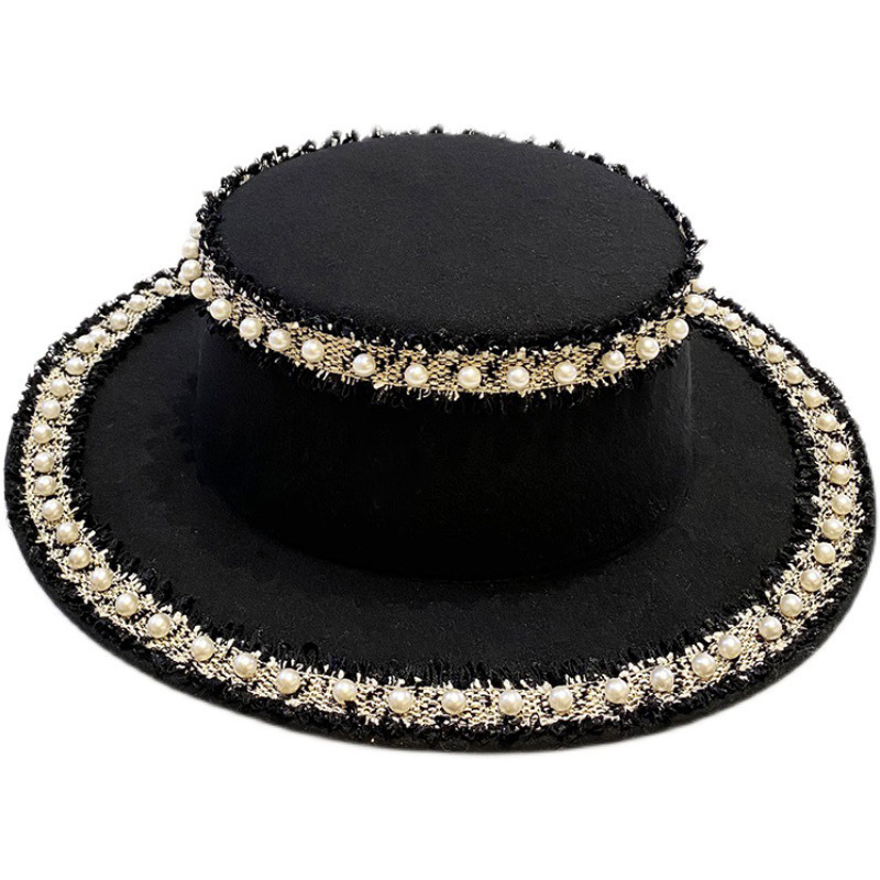 #MoteruStyle! Woolen Hat Flat Pearl Top Hat Bucket Hat Fedora Hat With Big Pearl Wide Brim Church Panama Jazz Cap British style big-edge wild temperament pearl top hat fisherman hat - 画像 (6)
