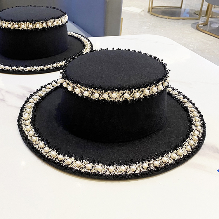 #MoteruStyle! Woolen Hat Flat Pearl Top Hat Bucket Hat Fedora Hat With Big Pearl Wide Brim Church Panama Jazz Cap British style big-edge wild temperament pearl top hat fisherman hat - 画像 (4)