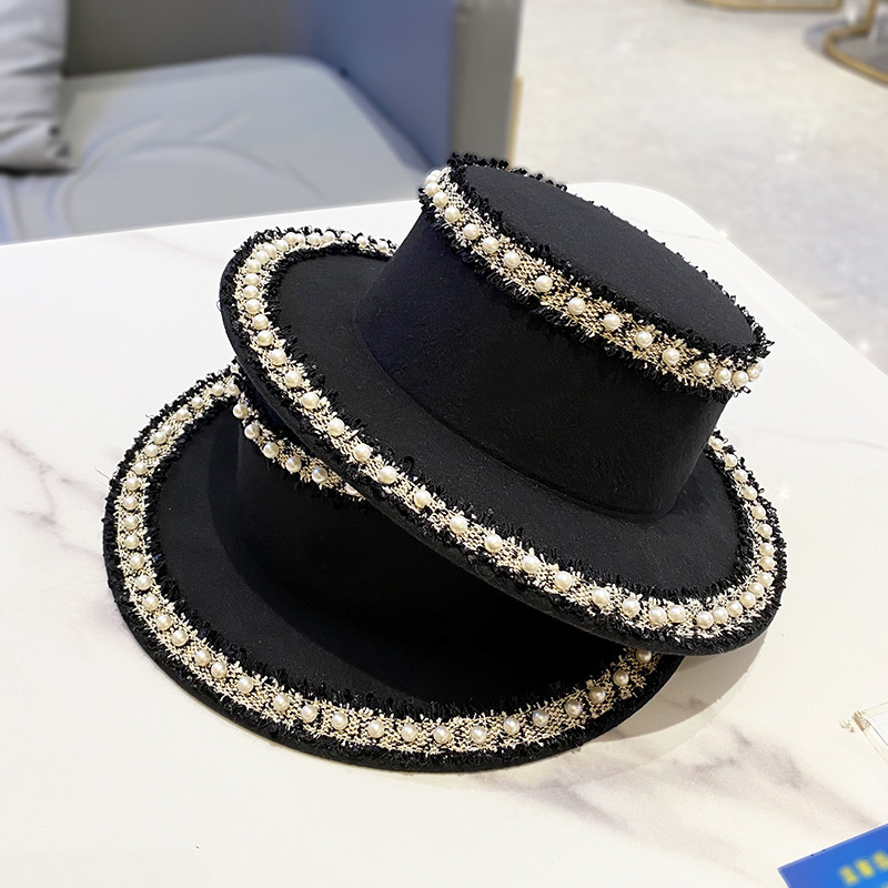 #MoteruStyle! Woolen Hat Flat Pearl Top Hat Bucket Hat Fedora Hat With Big Pearl Wide Brim Church Panama Jazz Cap British style big-edge wild temperament pearl top hat fisherman hat - 画像 (2)
