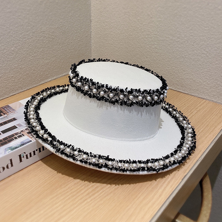 #MoteruStyle! Woolen Hat Flat Pearl Top Hat Bucket Hat Fedora Hat With Big Pearl Wide Brim Church Panama Jazz Cap British style big-edge wild temperament pearl top hat fisherman hat - 画像 (7)