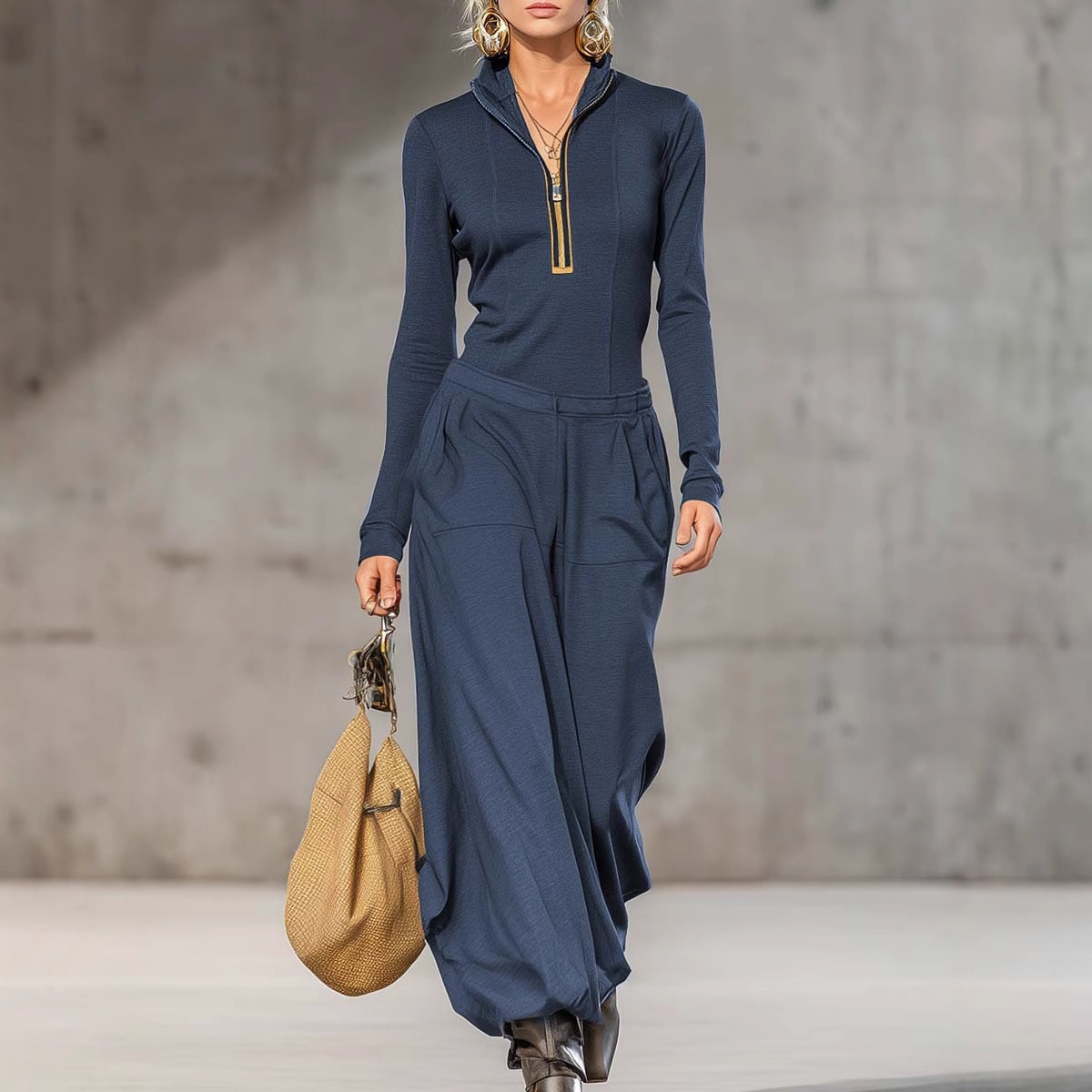 #MoteruStyle!Two-piece Trousers Pants Wide Leg loose pant Stand Collar Zipper Pullover Top Outfits Solid Patchwork Overalls Suit Chi#MoteruStyle!