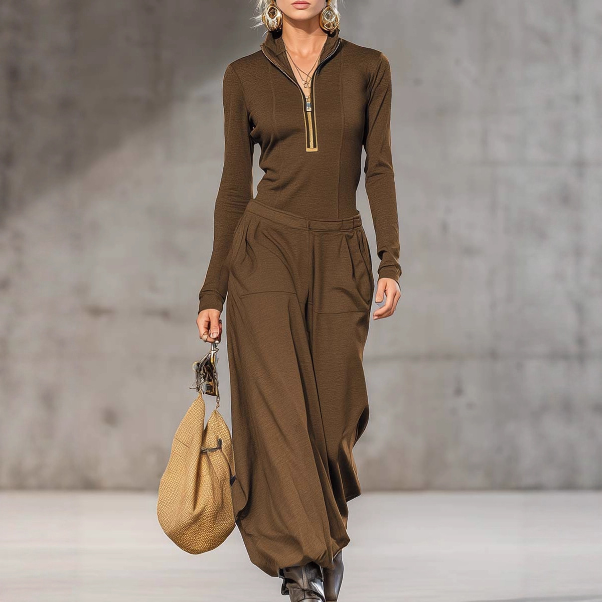 #MoteruStyle!Two-piece Trousers Pants Wide Leg loose pant Stand Collar Zipper Pullover Top Outfits Solid Patchwork Overalls Suit Chi#MoteruStyle! - 画像 (5)