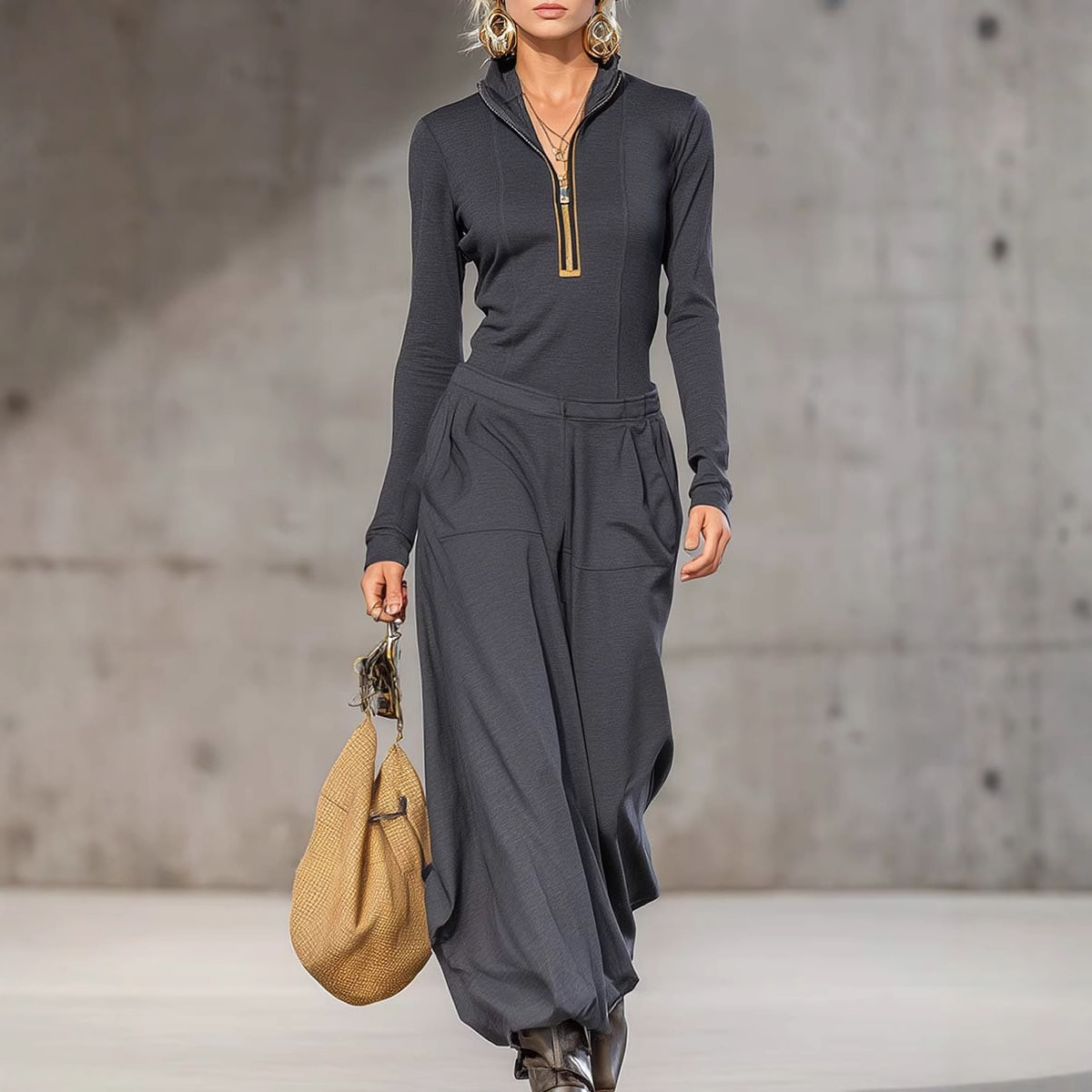 #MoteruStyle!Two-piece Trousers Pants Wide Leg loose pant Stand Collar Zipper Pullover Top Outfits Solid Patchwork Overalls Suit Chi#MoteruStyle! - 画像 (4)