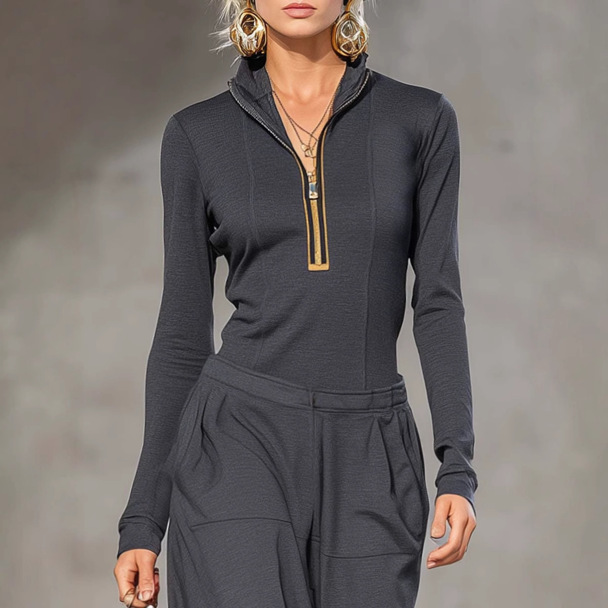 #MoteruStyle!Two-piece Trousers Pants Wide Leg loose pant Stand Collar Zipper Pullover Top Outfits Solid Patchwork Overalls Suit Chi#MoteruStyle! - 画像 (8)