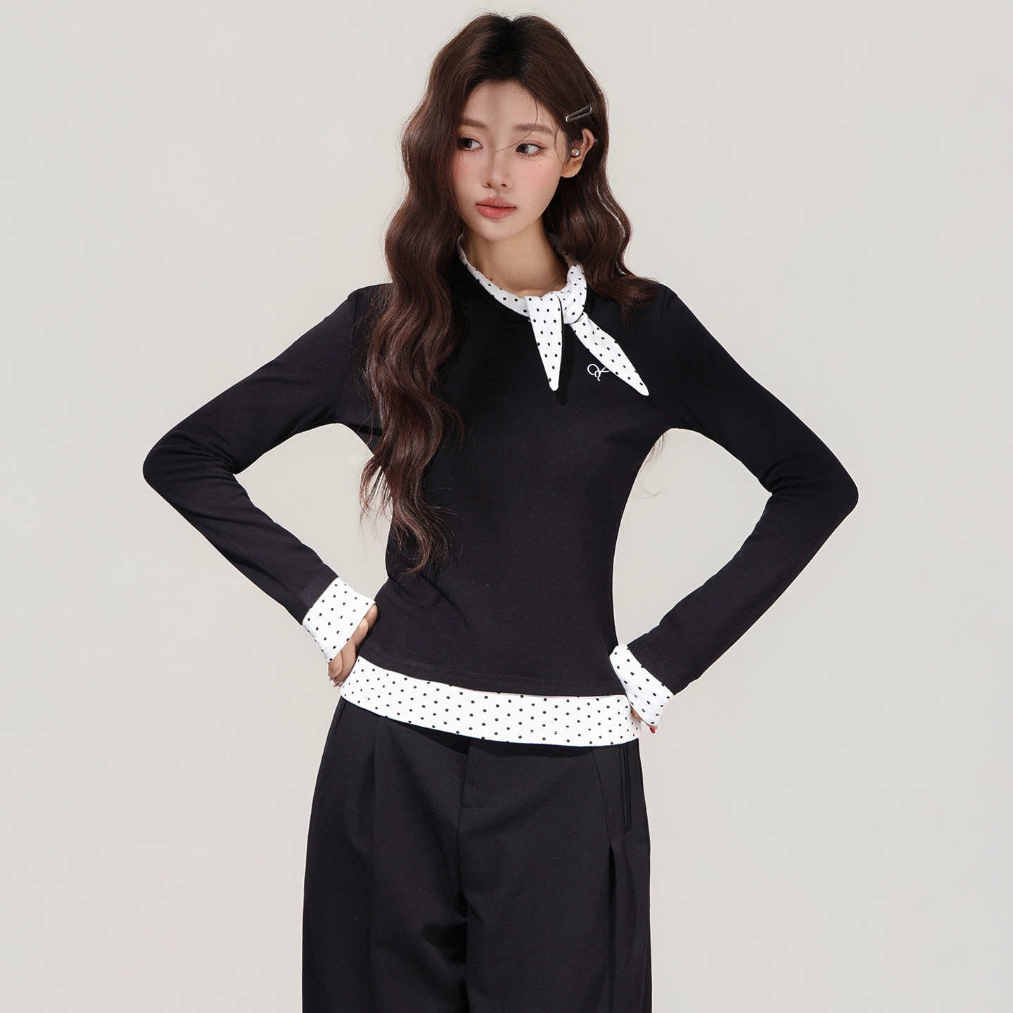 Women's Black Polka Dot Bow Fake Two-Piece Long Sleeve T-Shirt - 画像 (5)