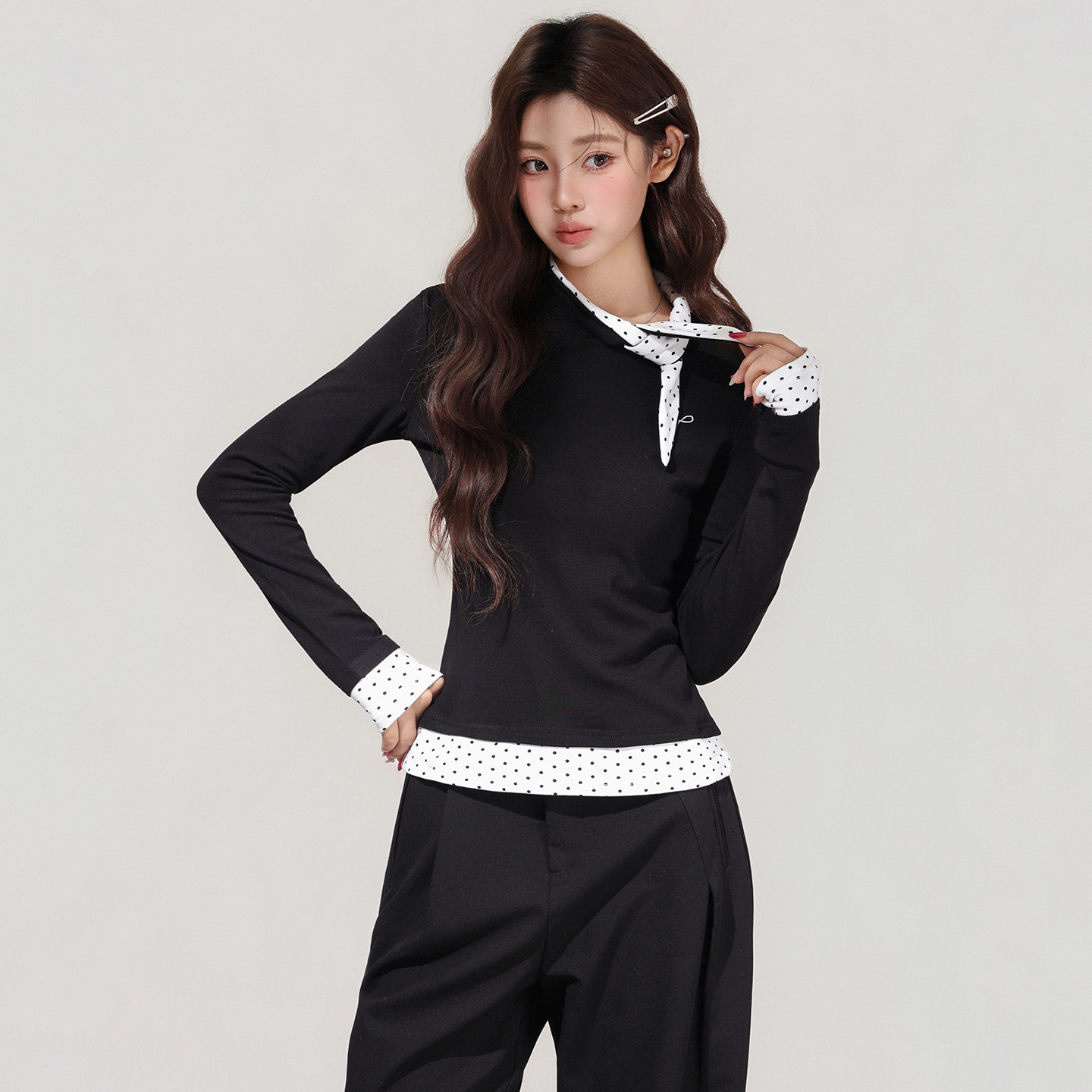 Women's Black Polka Dot Bow Fake Two-Piece Long Sleeve T-Shirt - 画像 (2)