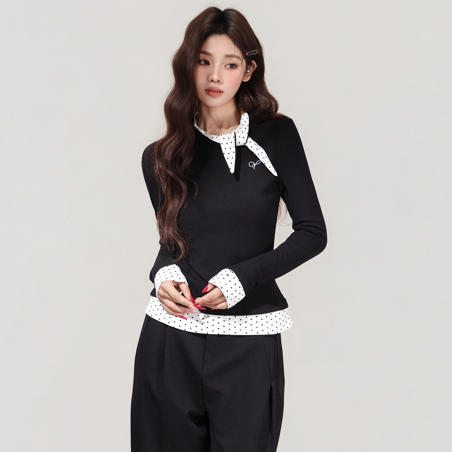 Women's Black Polka Dot Bow Fake Two-Piece Long Sleeve T-Shirt - 画像 (6)
