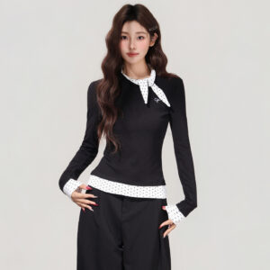 Women's Black Polka Dot Bow Fake Two-Piece Long Sleeve T-Shirt