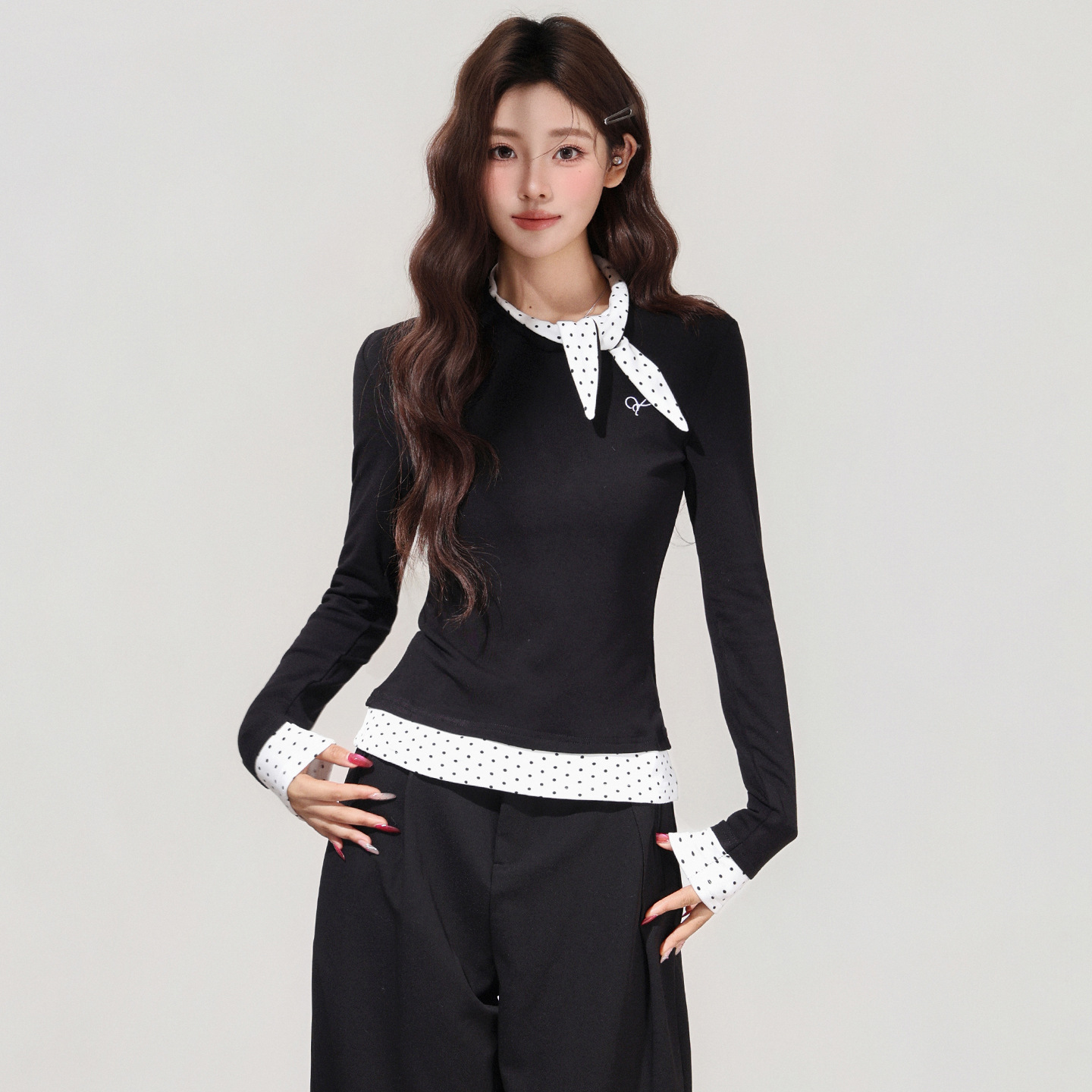 Women's Black Polka Dot Bow Fake Two-Piece Long Sleeve T-Shirt