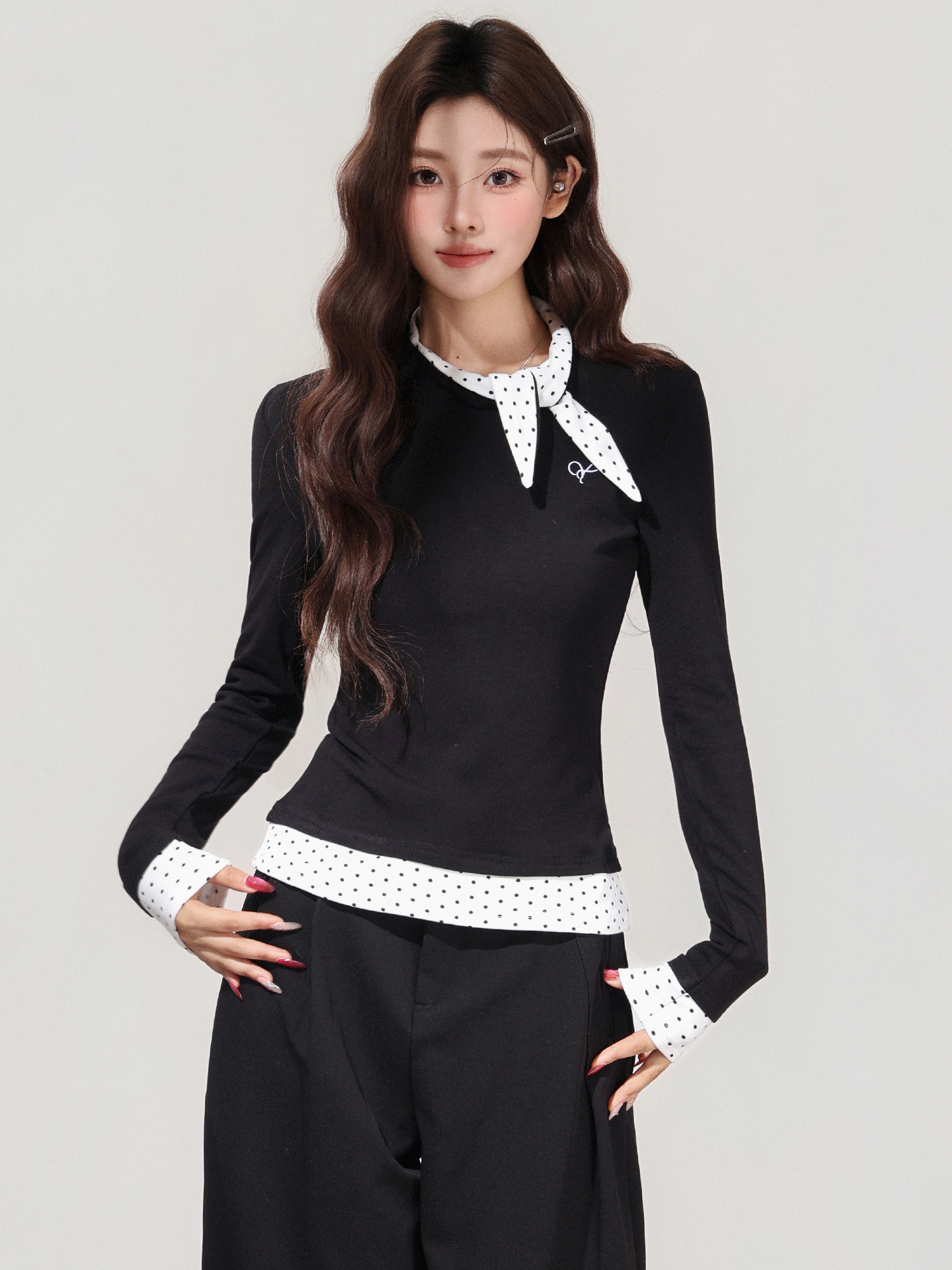 Women's Black Polka Dot Bow Fake Two-Piece Long Sleeve T-Shirt - 画像 (3)