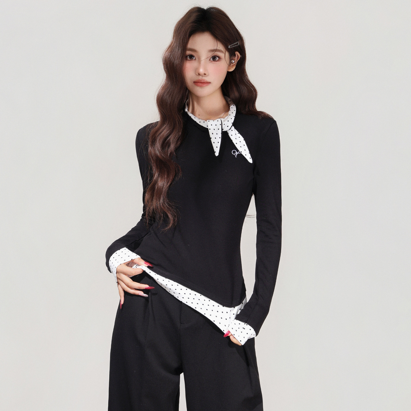 Women's Black Polka Dot Bow Fake Two-Piece Long Sleeve T-Shirt - 画像 (4)